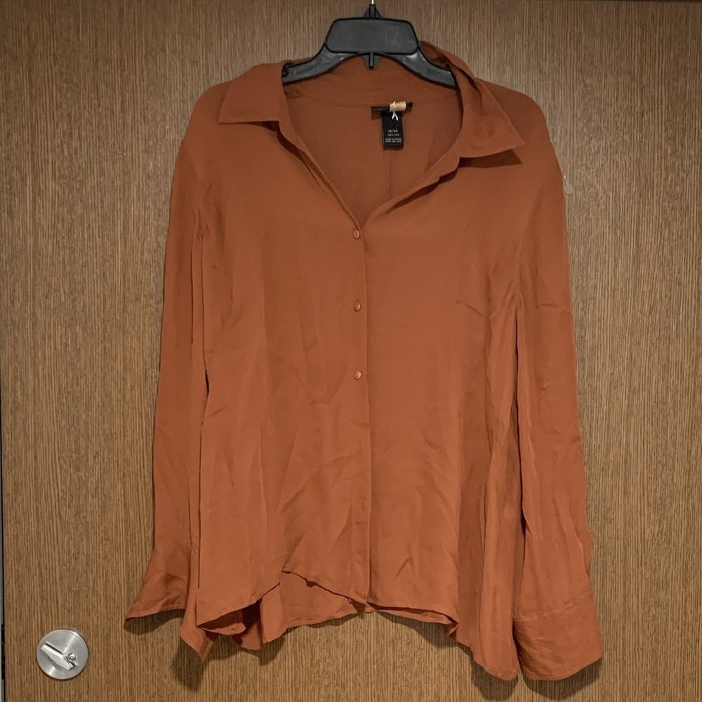 Lane Bryant Women's Brown Silk Satin Button-Up Collared Long Sleeve Blouse 18/20